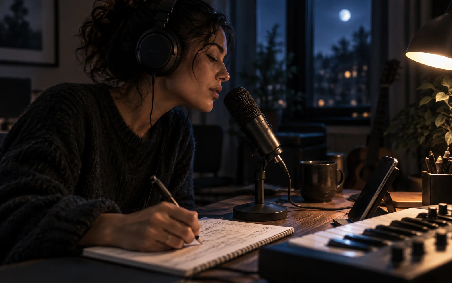 Musician humming into a microphone while sketching a melody