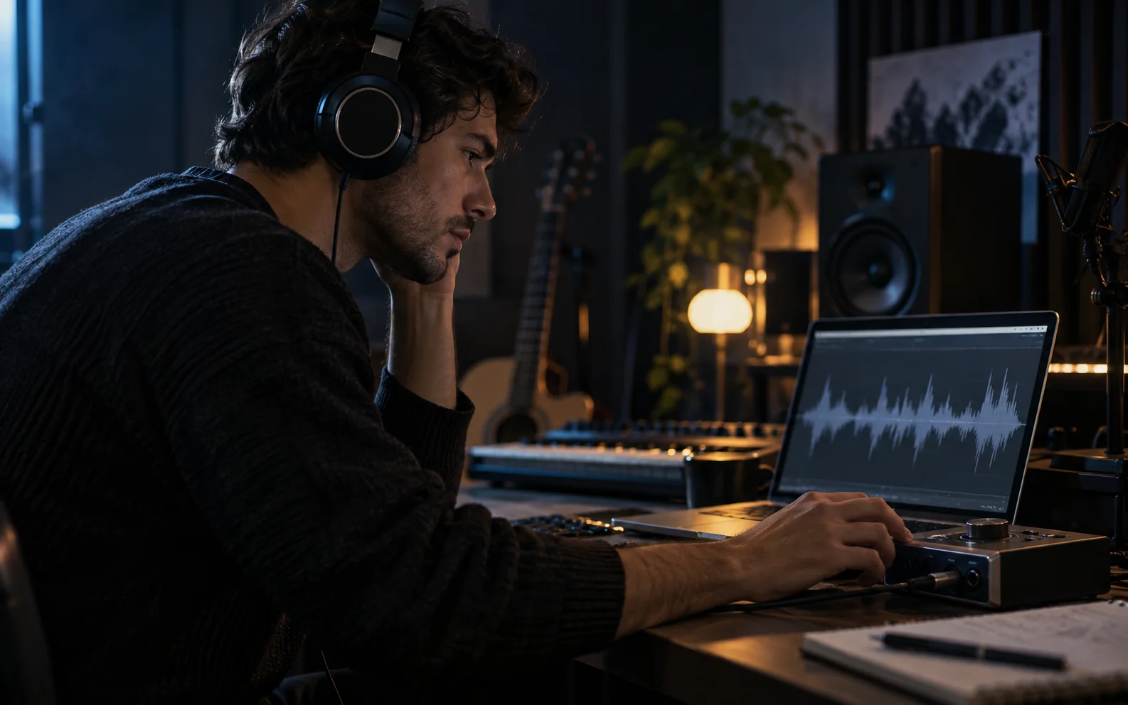 Musician listening to reference audio in a recording studio